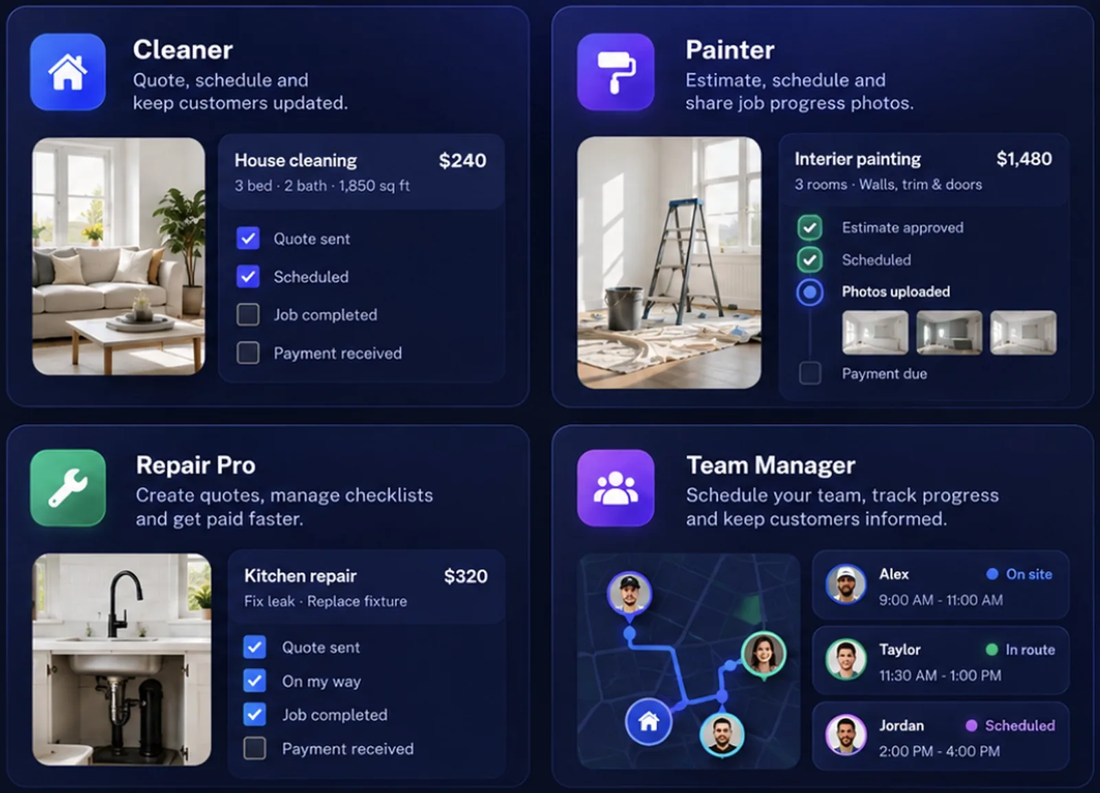 Cleaner, painter, repair pro and team manager job cards